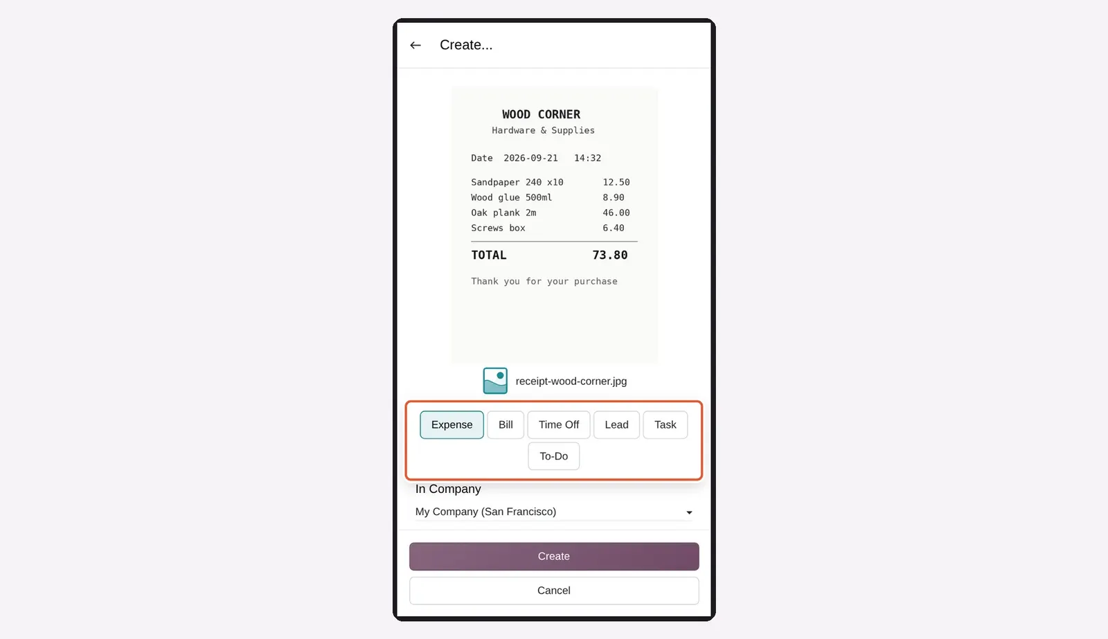 Odoo 20 File sharing on mobiles: A shared receipt photo in Odoo on a phone. The buttons let you choose what to create from it.