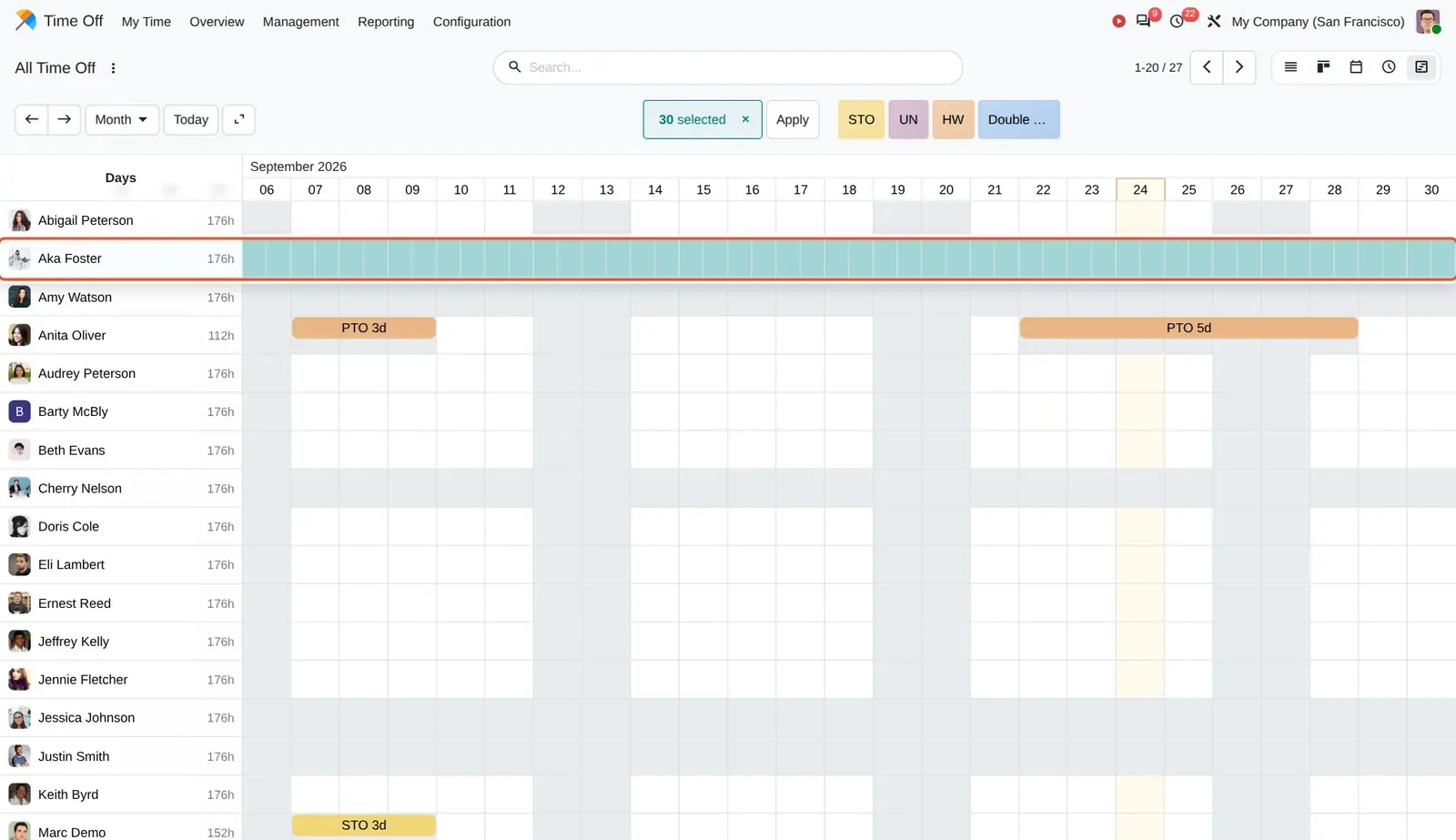 Odoo 20 Gantt view: Clicking the row header of Aka Foster selected all 30 cells of the row, ready for Apply.