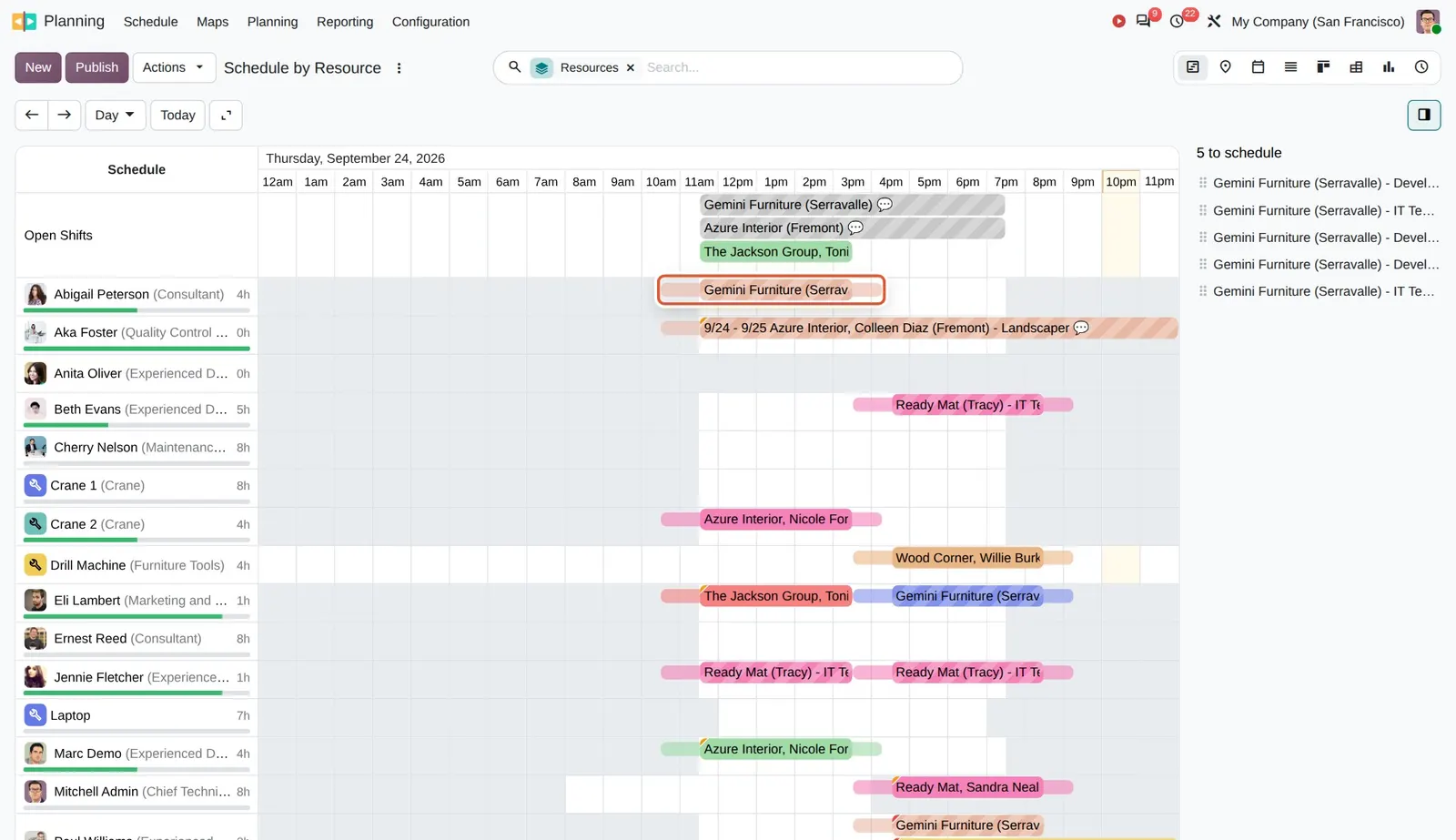 Odoo 20 Gantt view: A shift with its buffer drawn before the bar (the lighter part at the start).