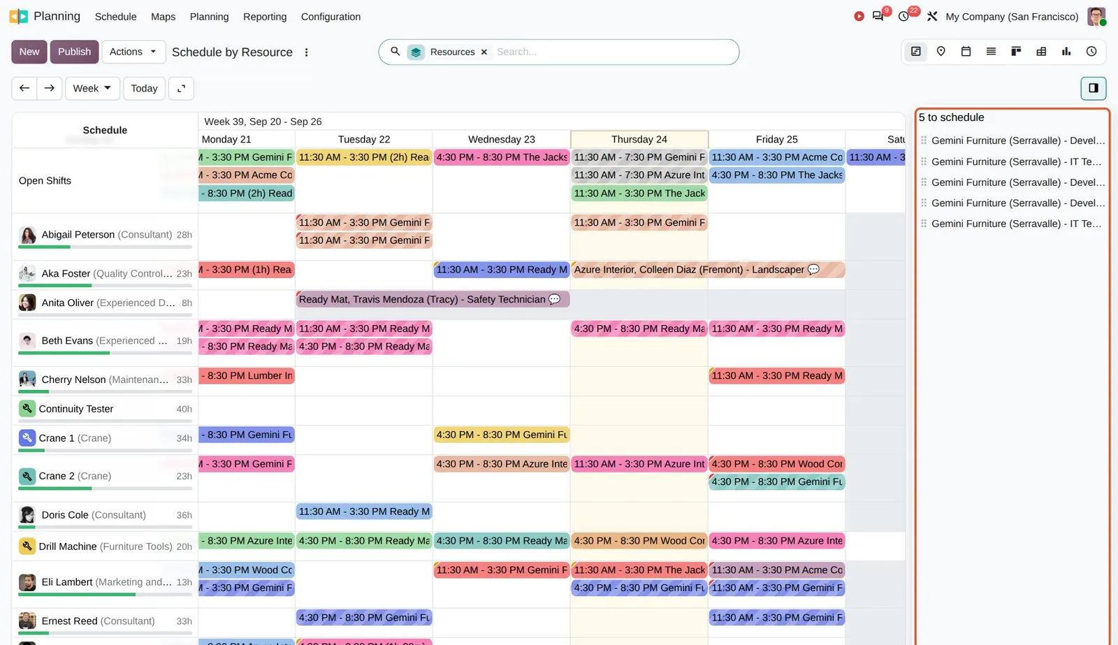 Odoo 20 Gantt view: The side panel lists 5 shifts to schedule. Drag them onto the Gantt, or drag a bar back to unschedule it.