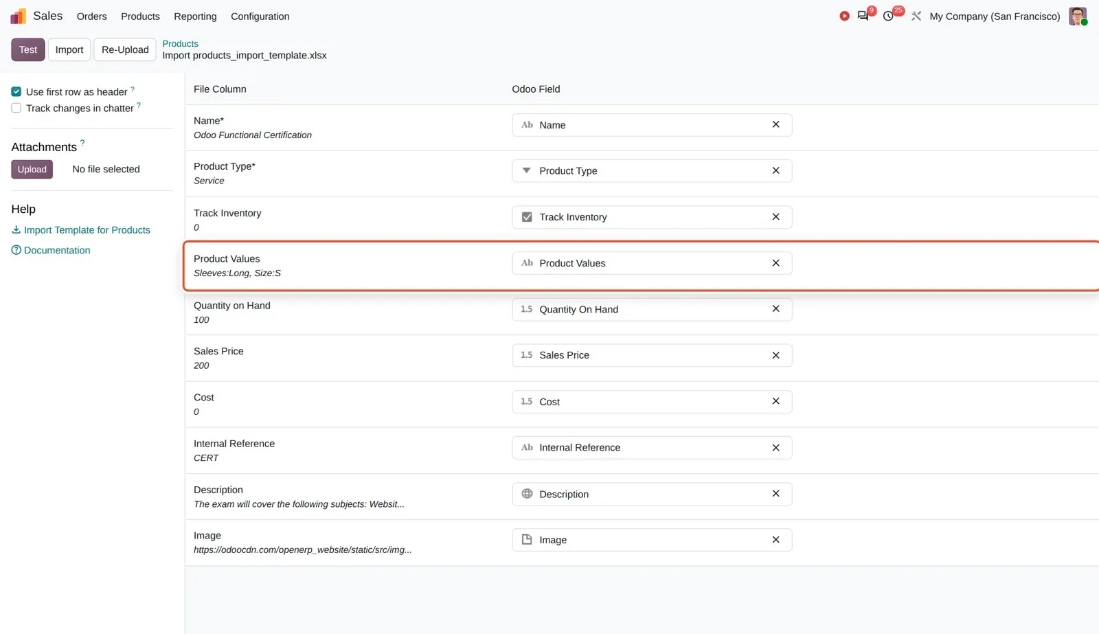 Odoo 20 Import product variants: The import preview of the product template: the Product Values column (Sleeves:Long, Size:S) defines the variant of each line.