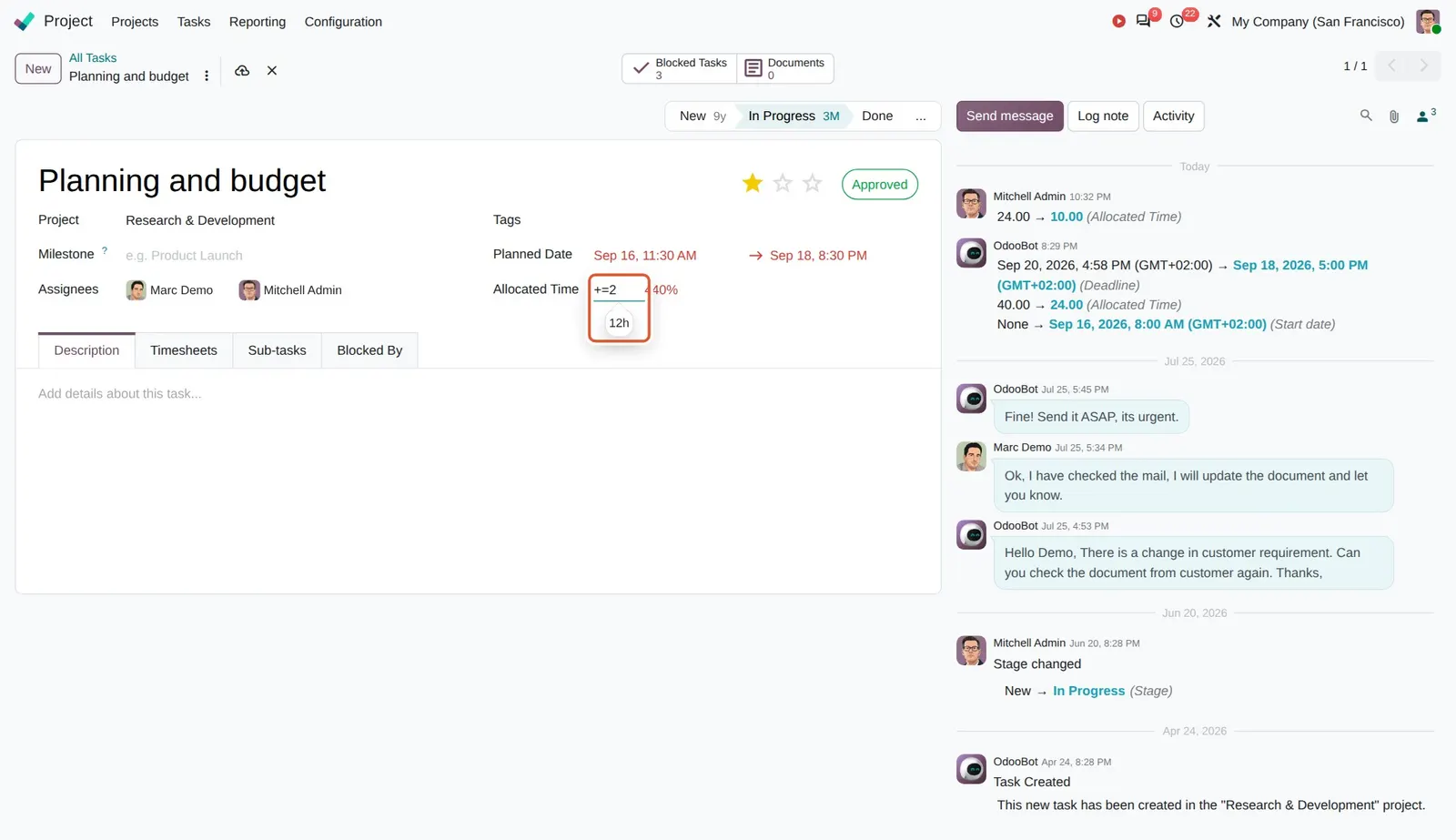 Odoo 20 Incremental edits on duration fields: Typing +=2 in Allocated Time: the preview under the field already shows 12h.