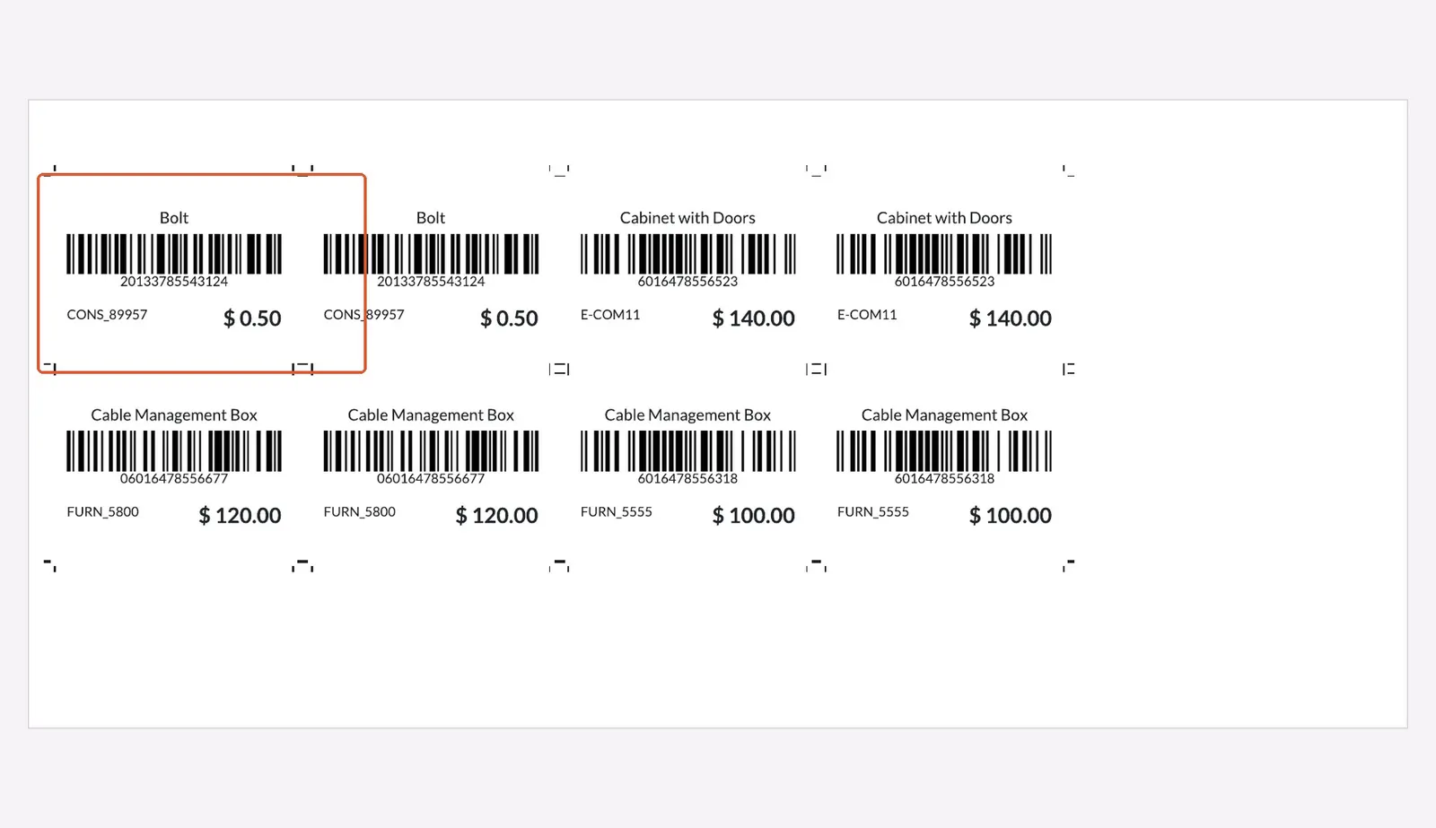 Odoo 20 Label design: The first rows of a 4 x 7 label sheet. One label is boxed: name, barcode, reference and price.