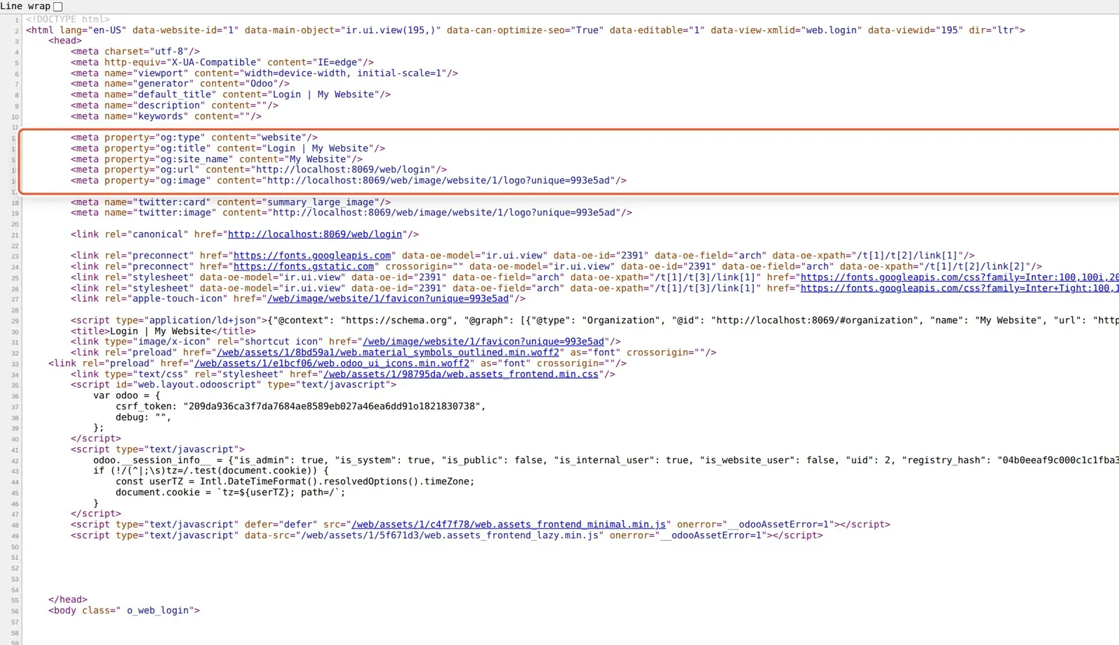 Odoo 20 Link previews: The new og: meta tags in the login page head. Social platforms read these to build the preview card.