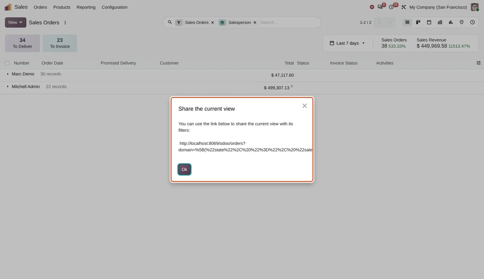 Odoo 20 Link to current search: The Share the current view dialog. The link carries the domain and grouping of the list behind it.