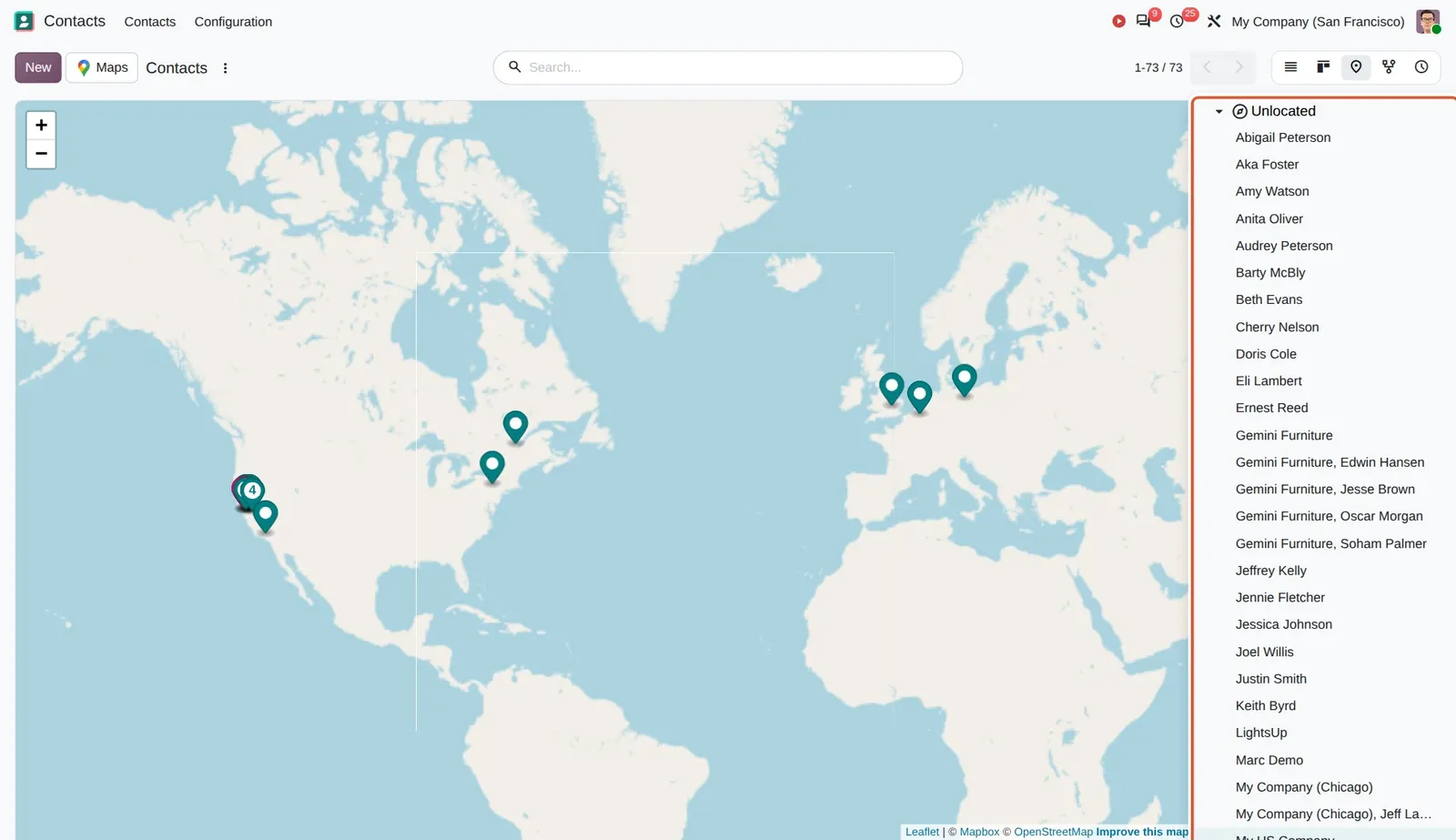 Odoo 20 Map view: unlocated records: The Unlocated group lists every contact without a usable address. Clicking one opens its form in a dialog.