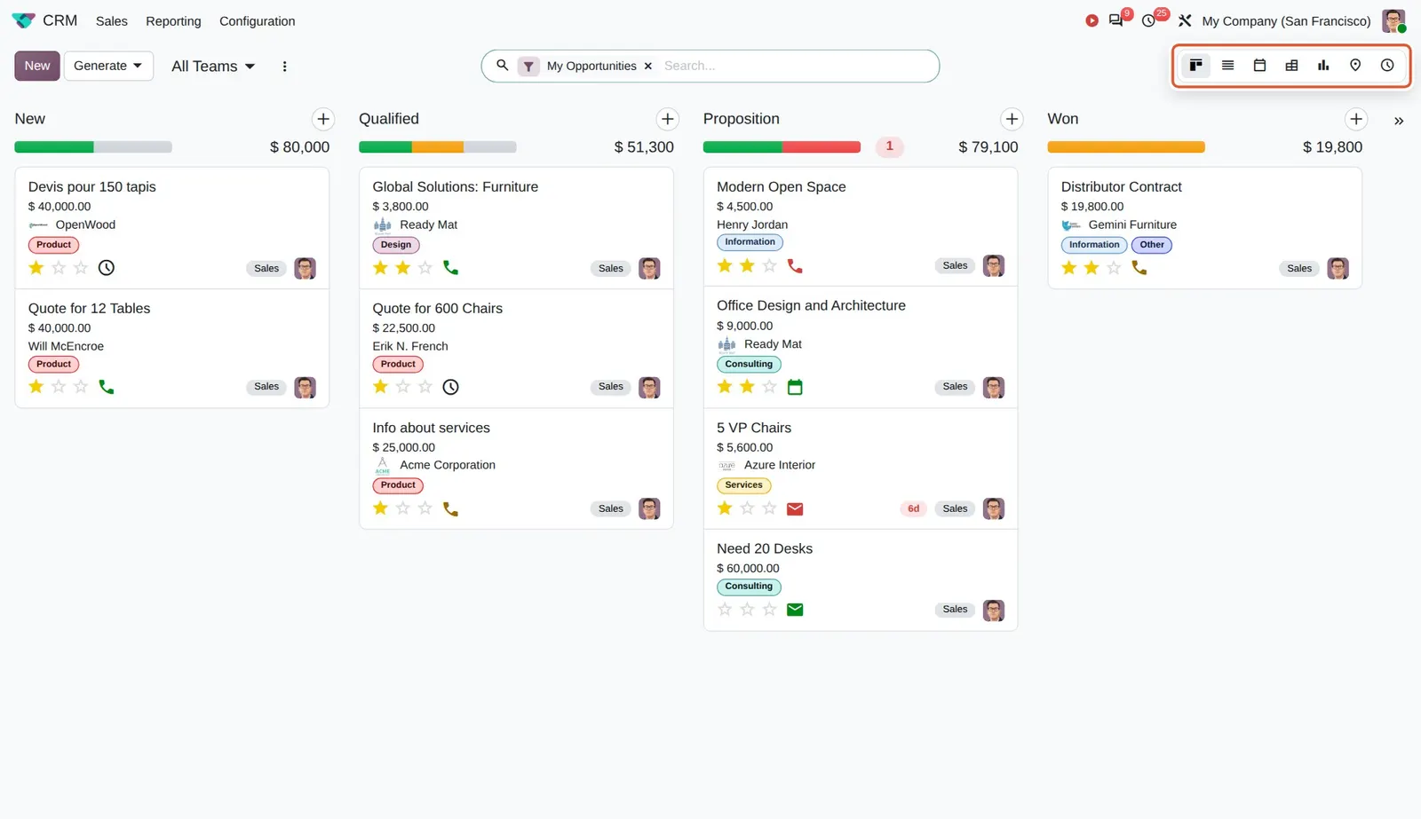 Odoo 20 Material Symbols: The view switcher drawn with Material Symbols icons.