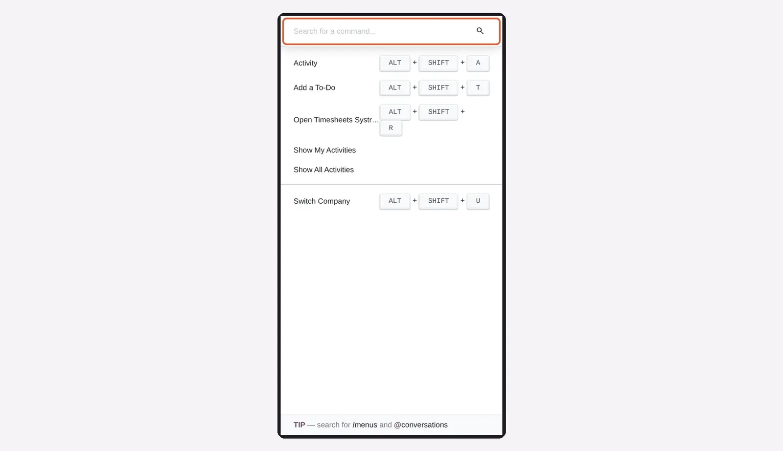 Odoo 20 Mobile: The command palette opened on a phone.