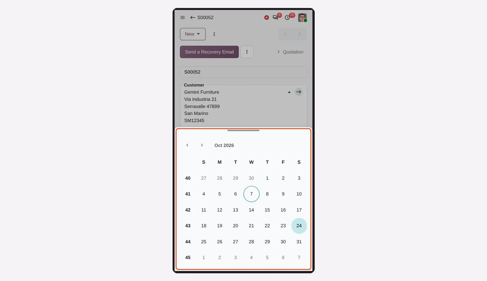 Odoo 20 Mobile: The date picker as a bottom sheet on a phone.
