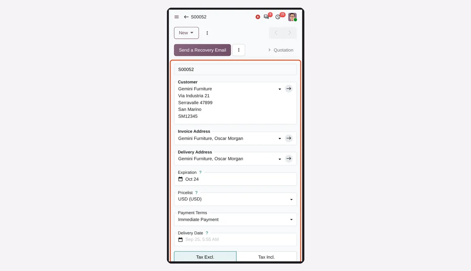 Odoo 20 Mobile: A quotation on a phone: every field is a box with its label inside.