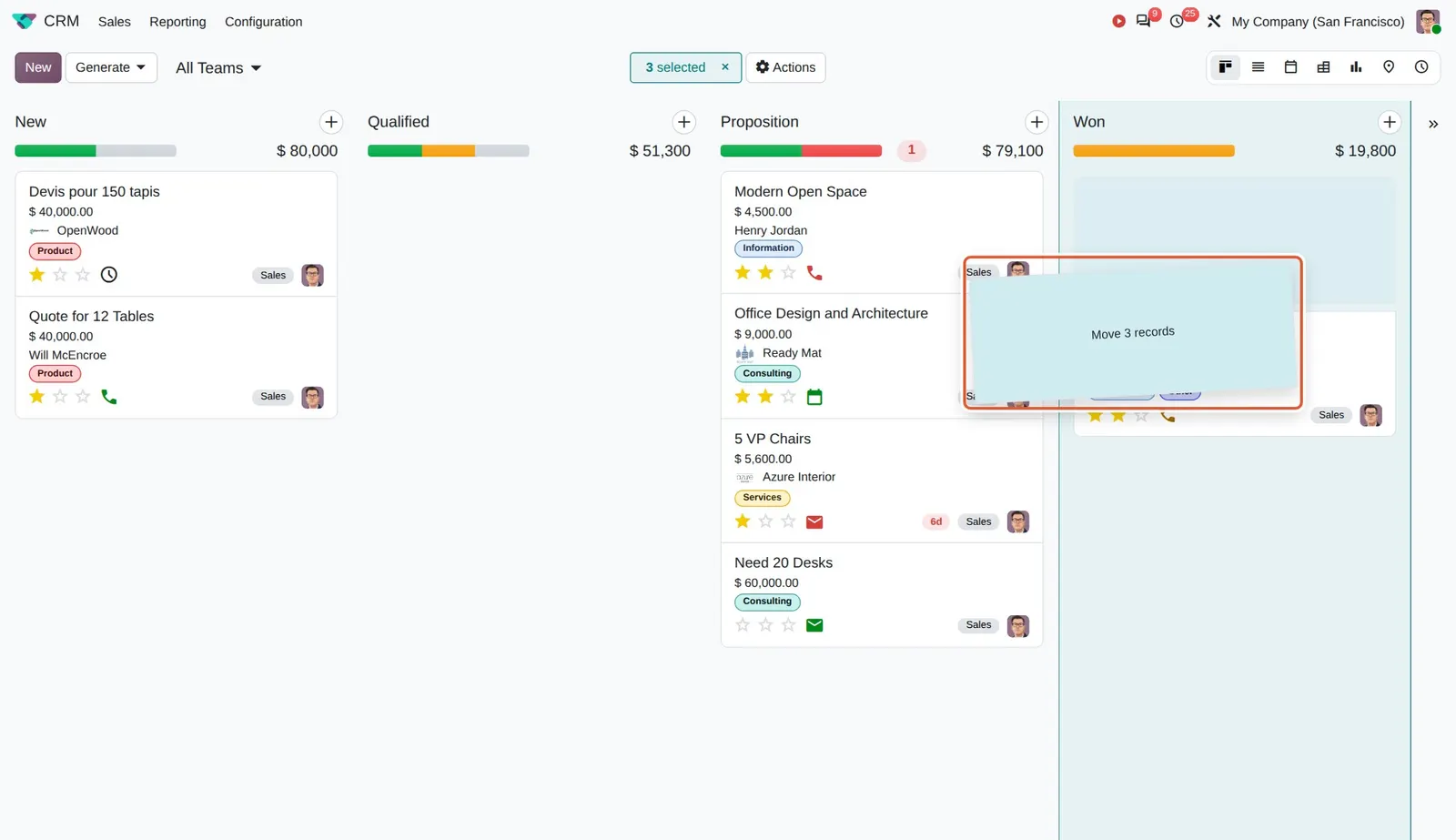 Odoo 20 Multi-record drag and drop: Three selected cards dragged together: the helper reads "Move 3 records".