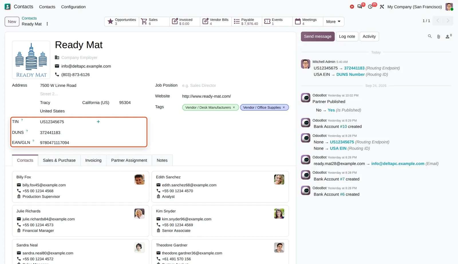 Odoo 20 Multiple partner identifiers: TIN, DUNS and EAN/GLN on the same contact. The + adds more.