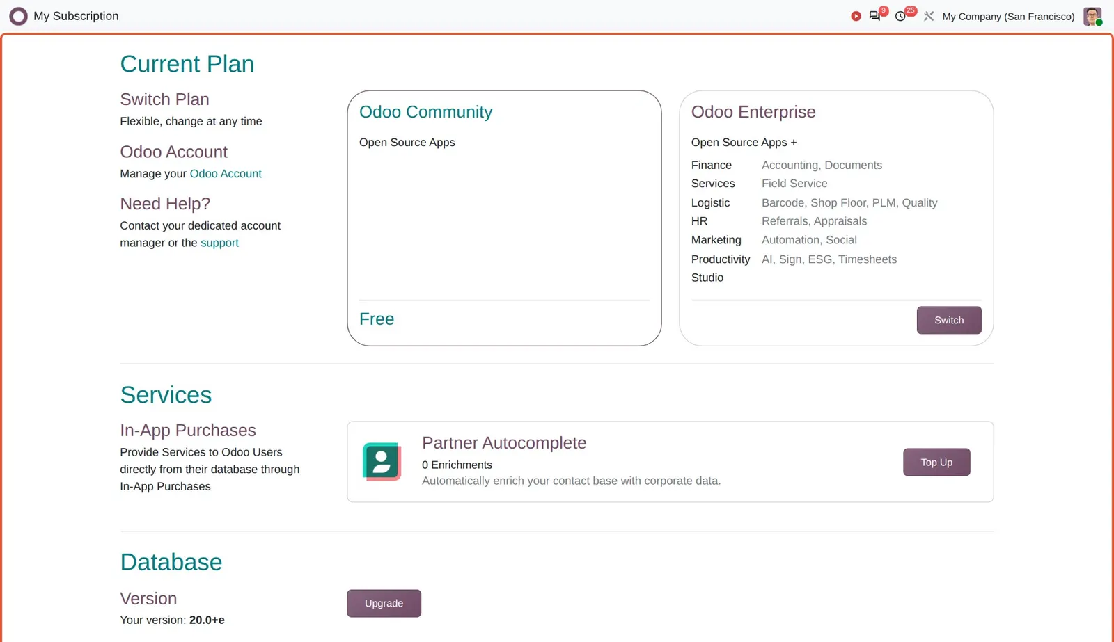 Odoo 20 My Subscription page: The My Subscription page: current plan, IAP services and database section.