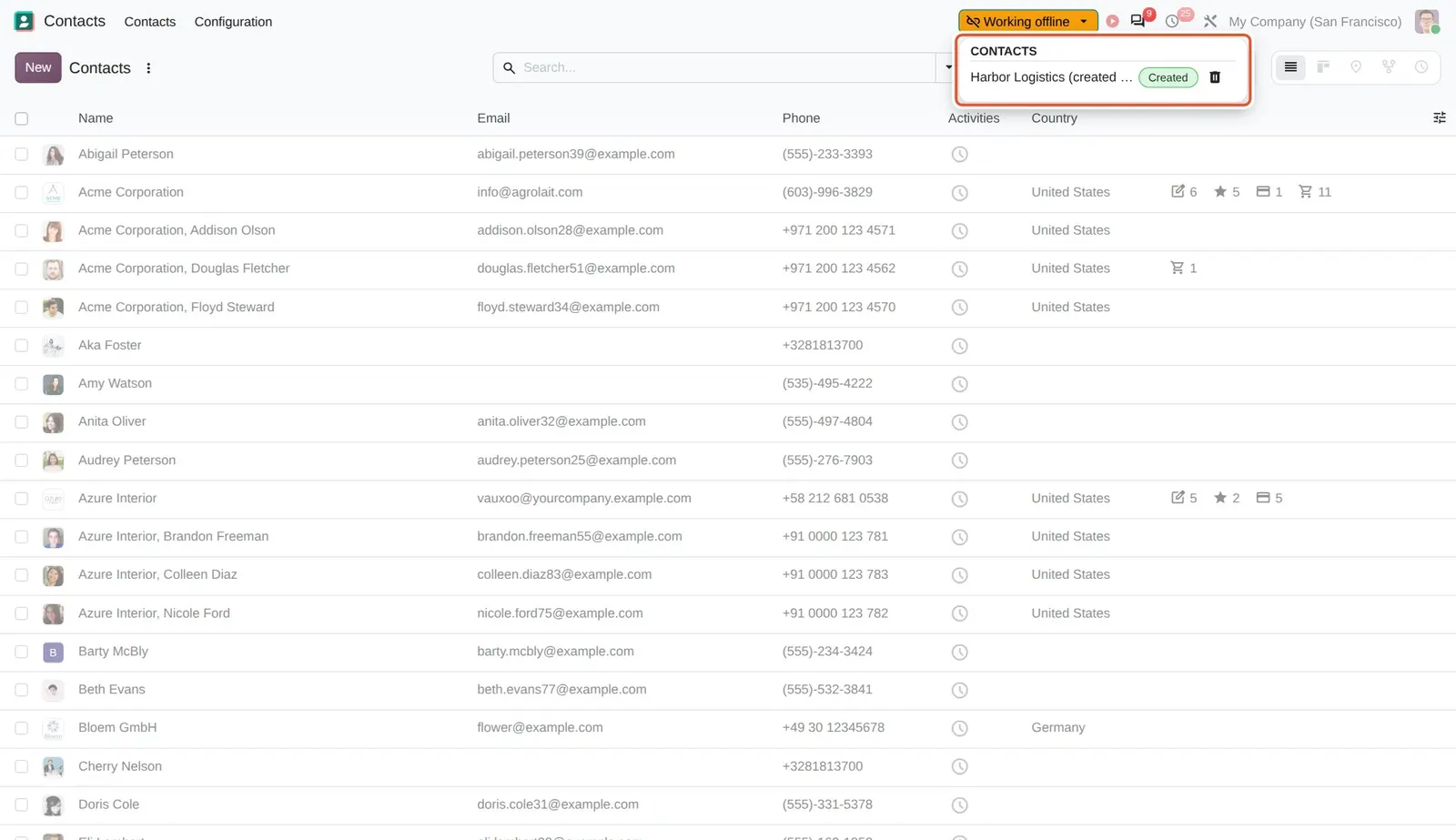 Odoo 20 Offline mode: The Working offline menu lists the contact created while offline, waiting to sync.