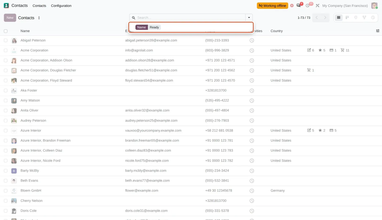 Odoo 20 Offline mode: Offline, the search bar offers the earlier search Name: Ready.