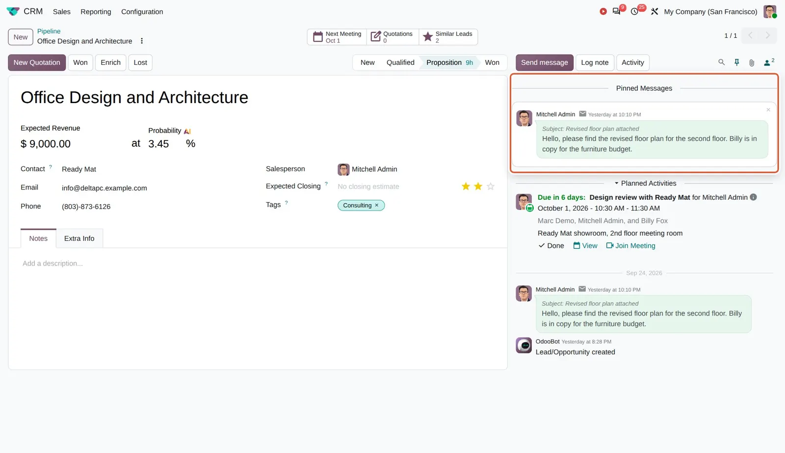 Odoo 20 Pin messages in the chatter: The Pinned Messages panel above the chatter with the pinned email.