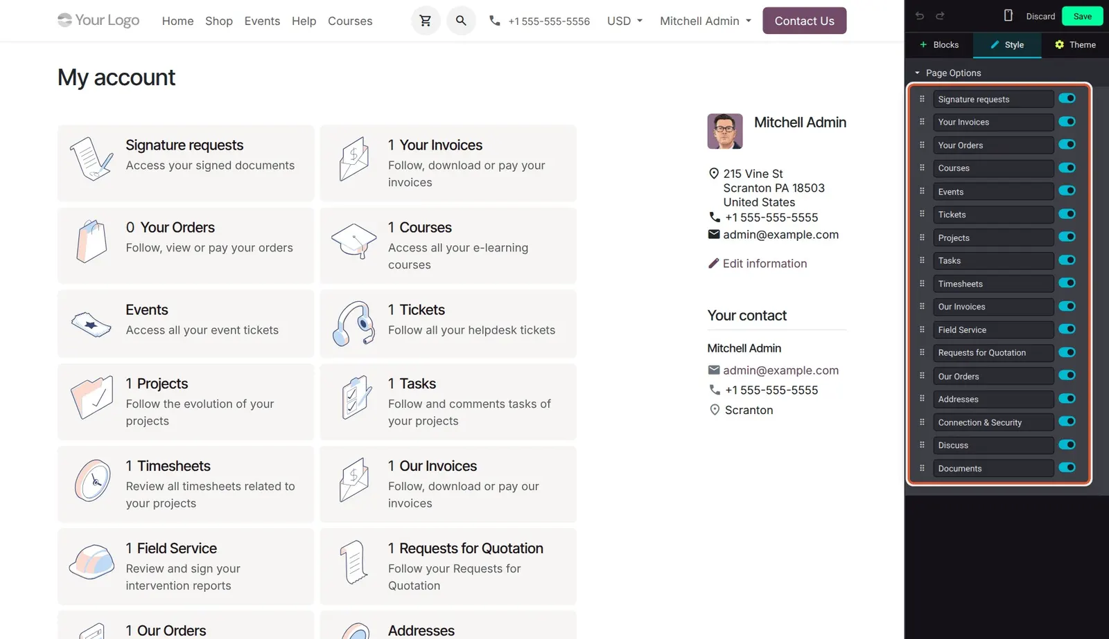 Odoo 20 Portal layout: The portal card list: drag the handles to reorder, use the toggles to hide a card.