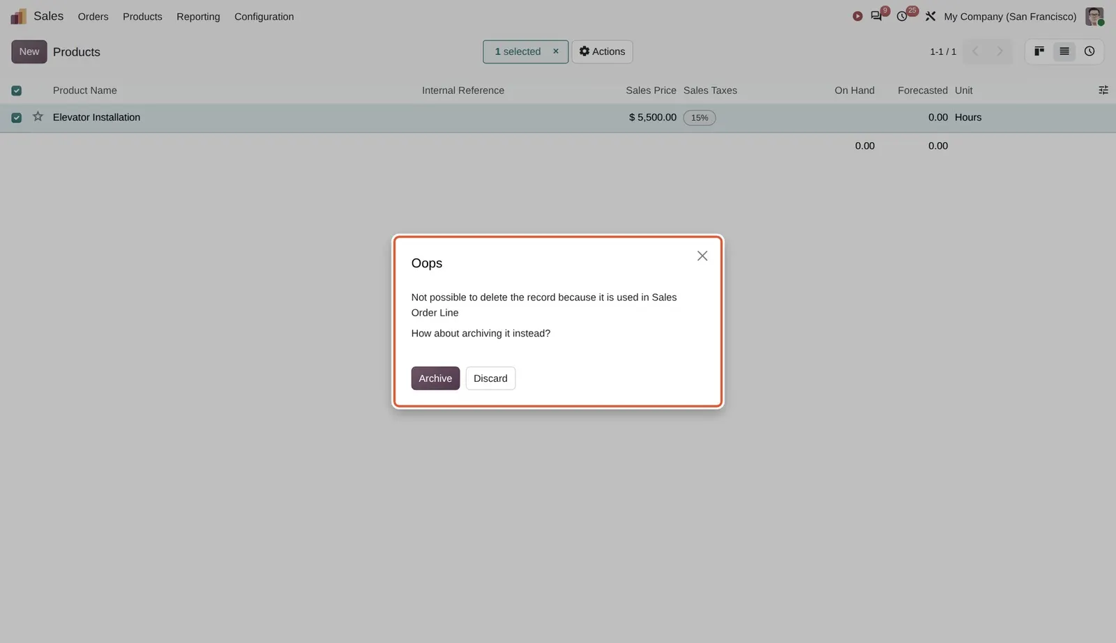Odoo 20 Record deletion: The product is used in a sales order line, so Odoo offers Archive instead.