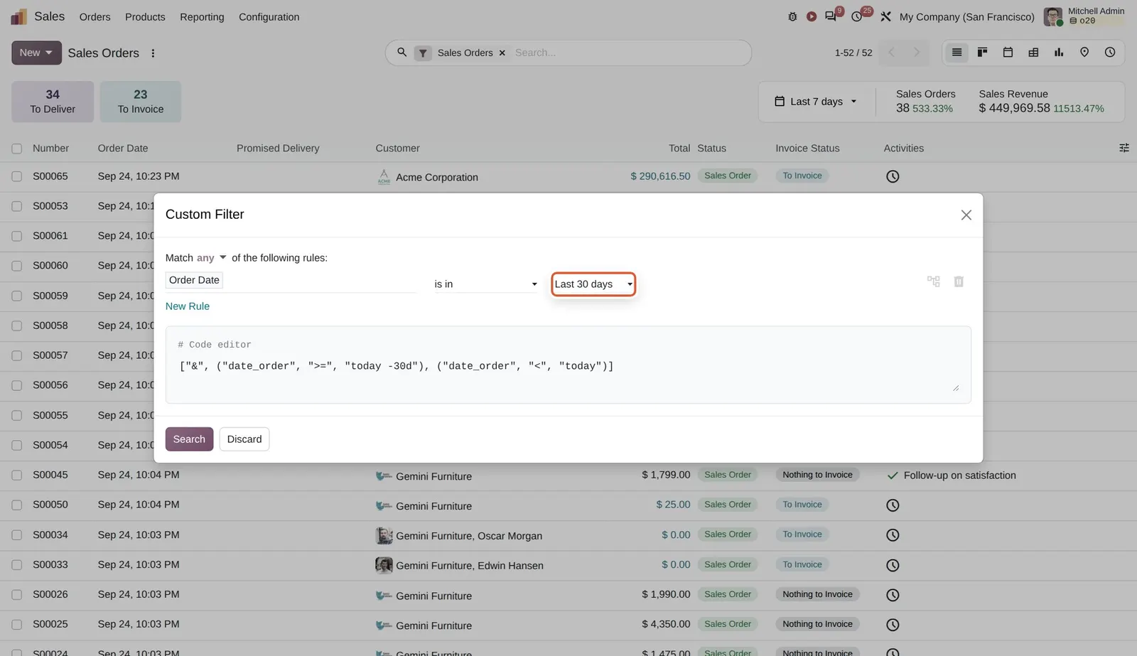 Odoo 20 Relative range tooltip: The Last 30 days range in a custom filter. The browser tooltip on it (Aug 27 → Sep 25) does not appear in screenshots.