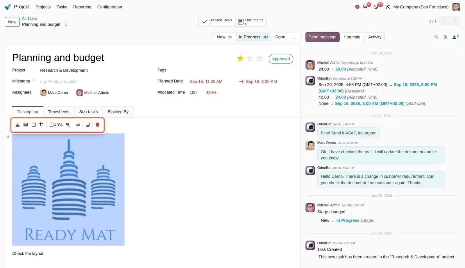 Odoo 20 Rich-text editor: The simplified image toolbar above the picture.