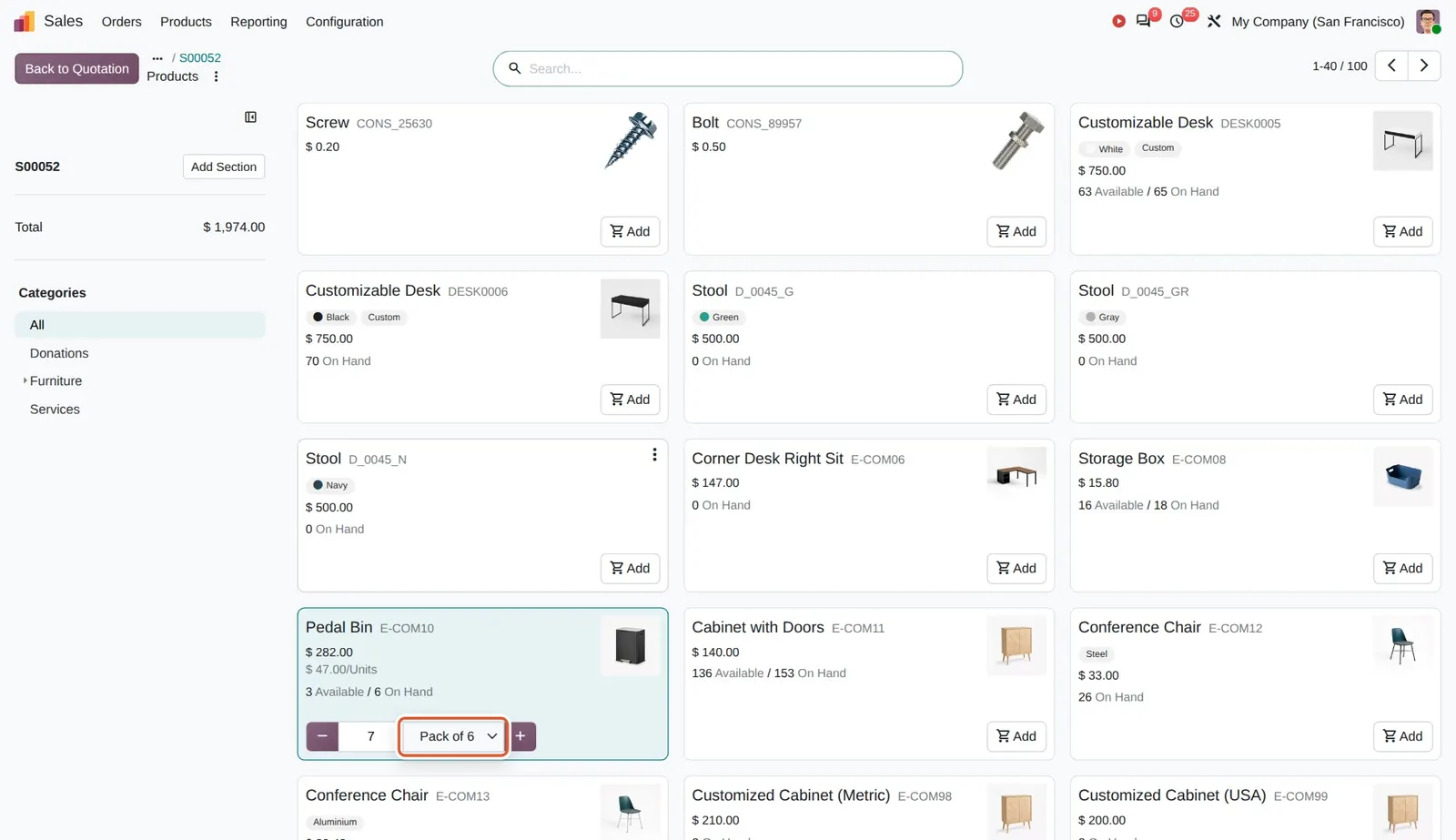 Odoo 20 Product catalog: units of measure: Pedal Bin in the catalog with Pack of 6 chosen in the new unit menu.