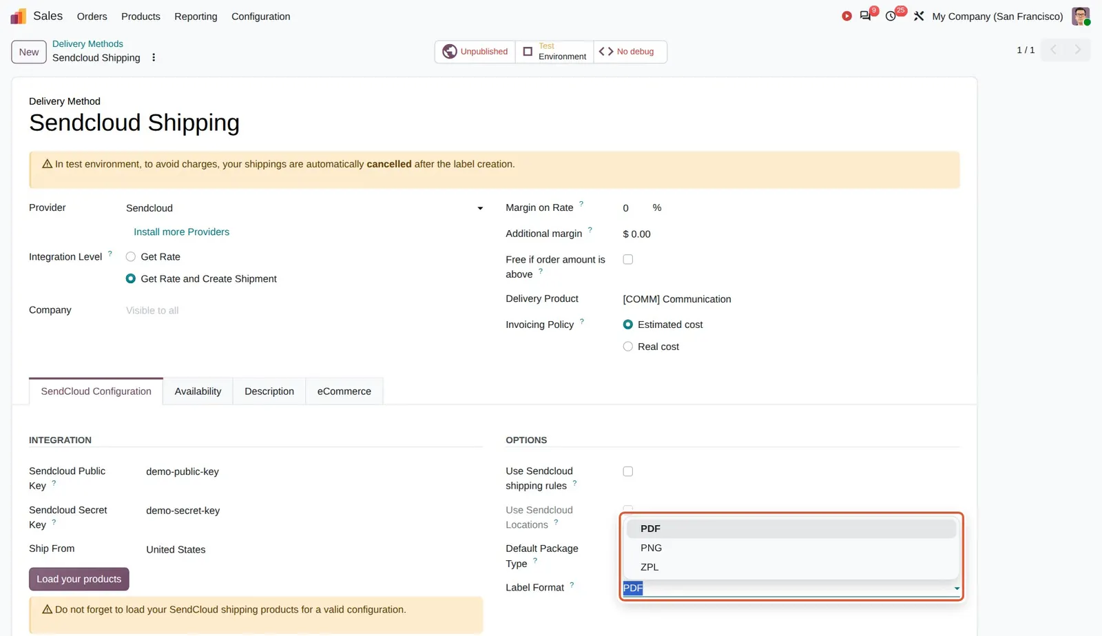 Odoo 20 Sendcloud shipping labels: The Label Format field with PDF, PNG and ZPL.