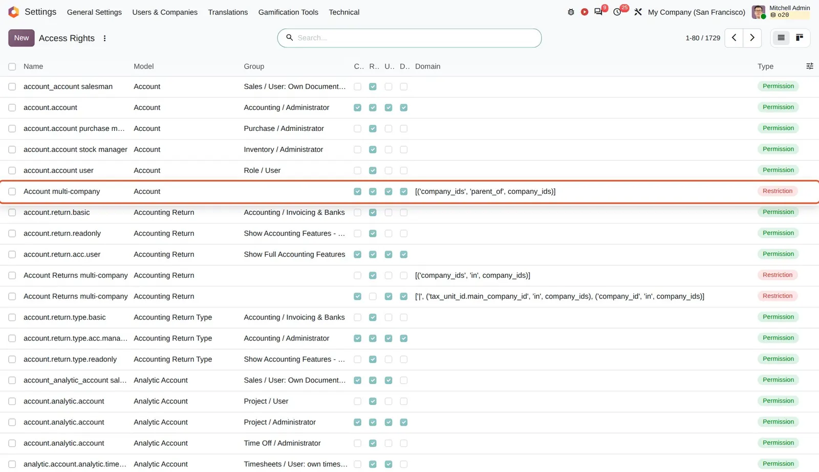 Odoo 20 Simplified access rights: "Account multi-company" was a record rule. Now it is an access line with a domain, type Restriction.