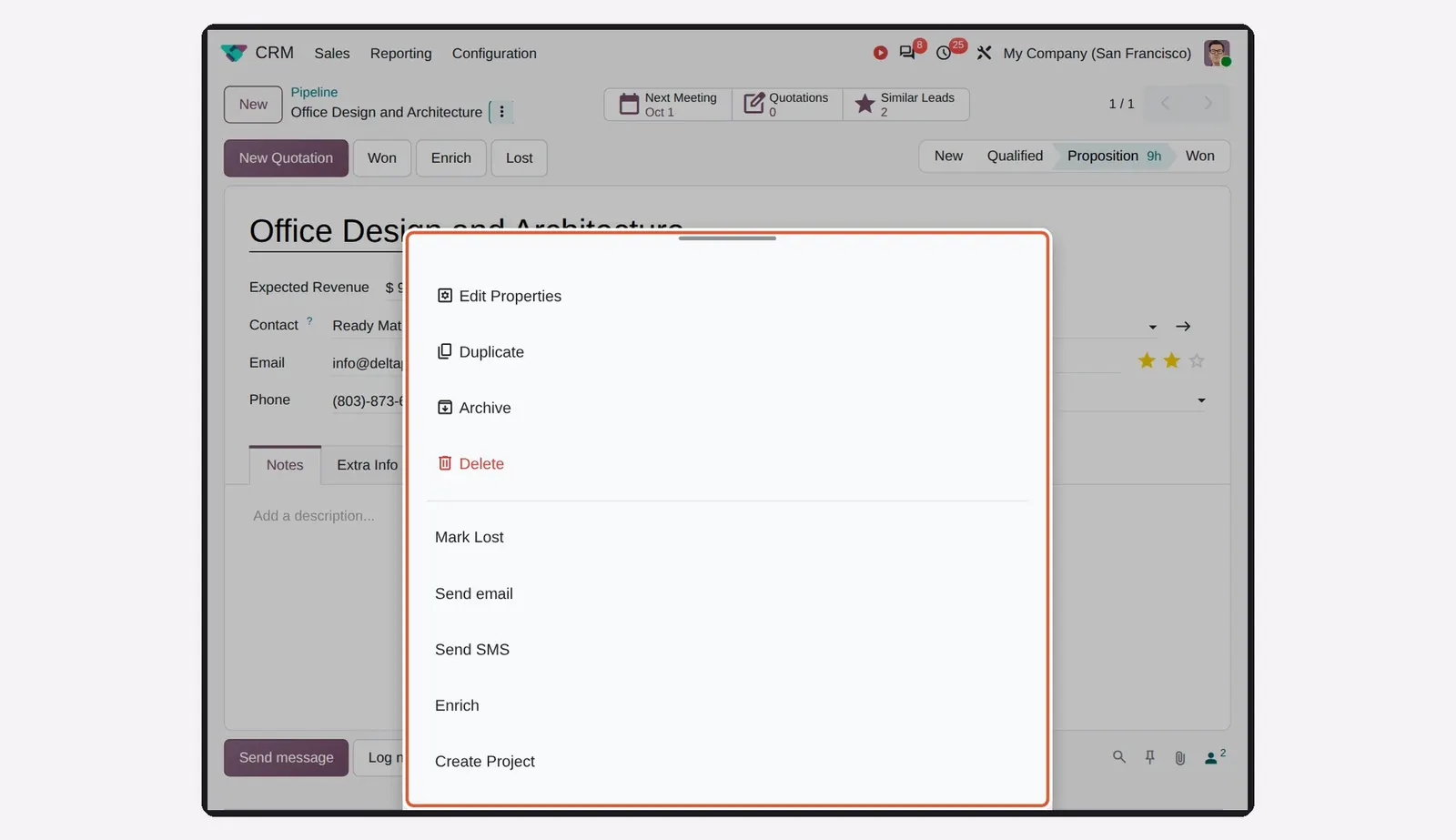 Odoo 20 Tablets: bottom sheets: The action menu as a bottom sheet on a tablet.
