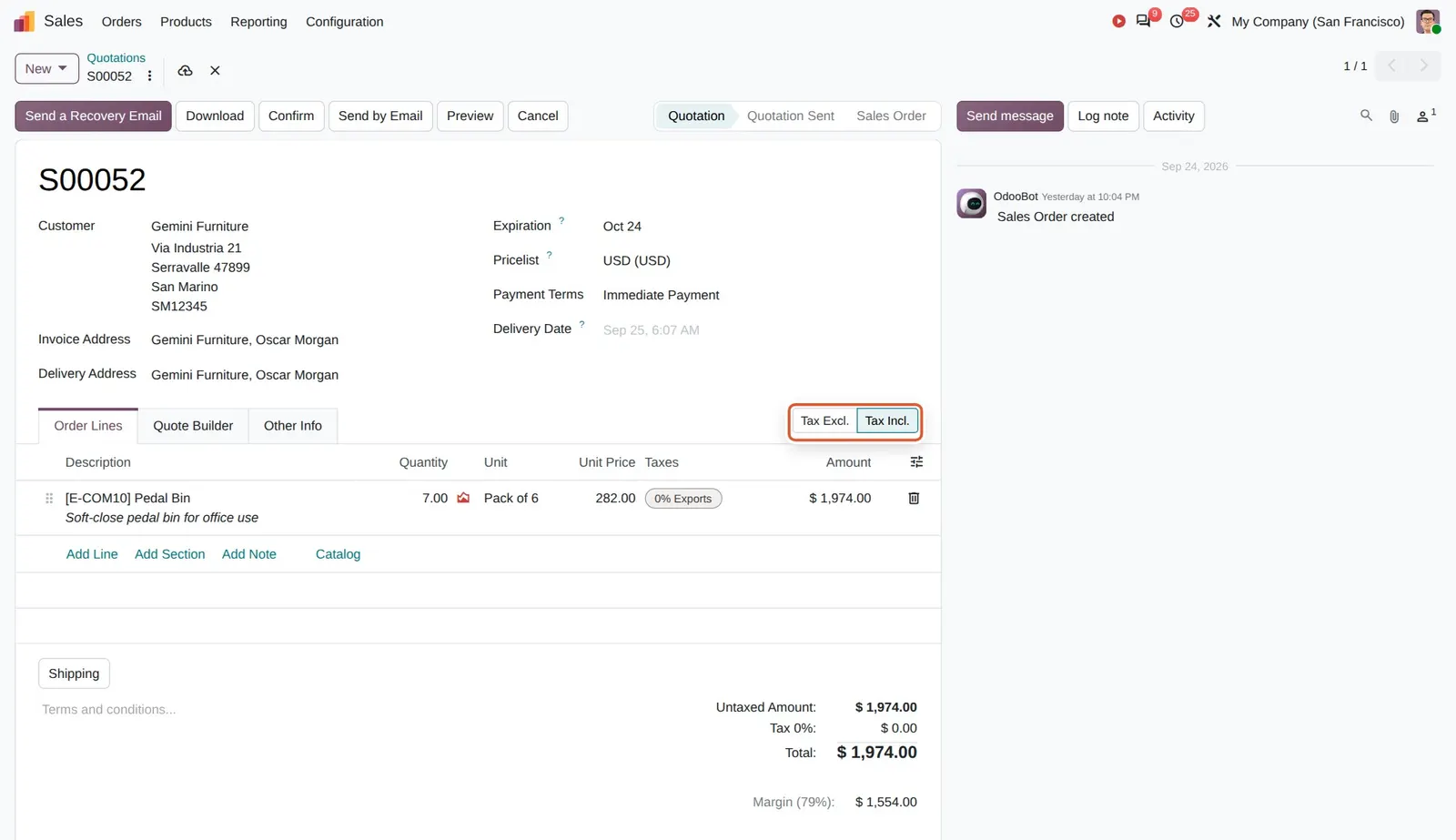Odoo 20 Tax included/excluded on orders and invoices: The Tax Excl. / Tax Incl. switch with Tax Incl. selected.