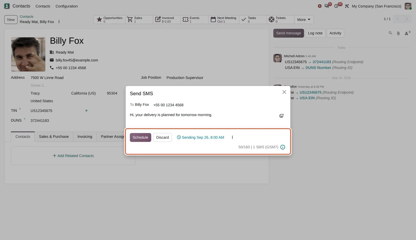 Odoo 20 Text messages: The SMS composer after choosing a time: Schedule, and "Sending Sep 26, 8:00 AM".