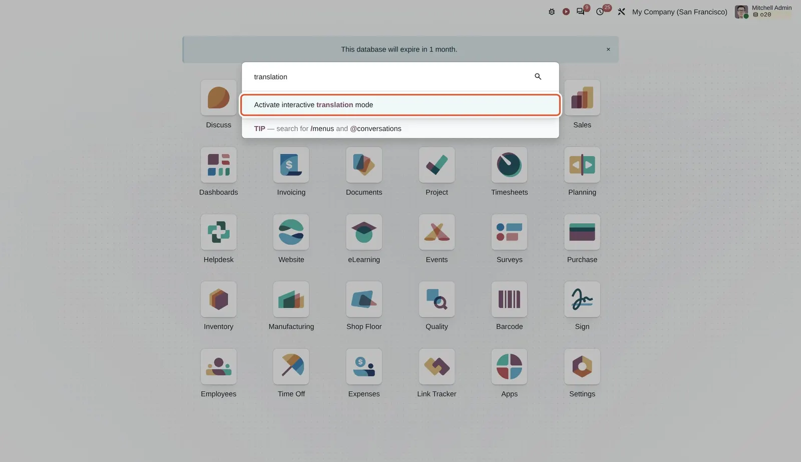 Odoo 20 Translation: The Activate interactive translation mode command.