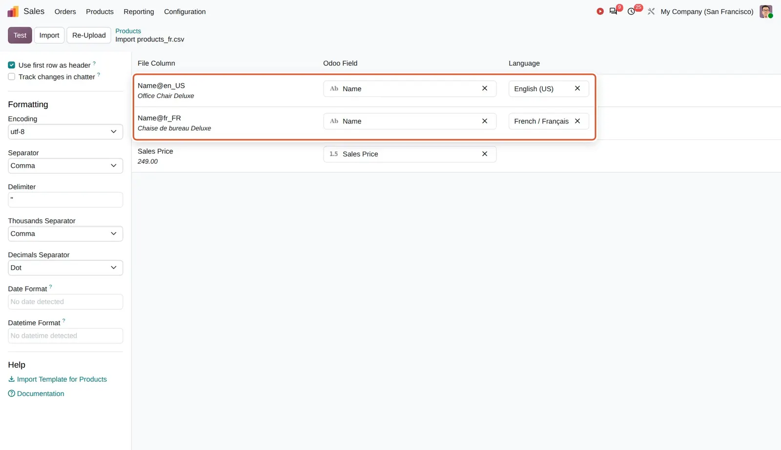 Odoo 20 Translation: Name@en_US and Name@fr_FR are both mapped to Name, each with its language.