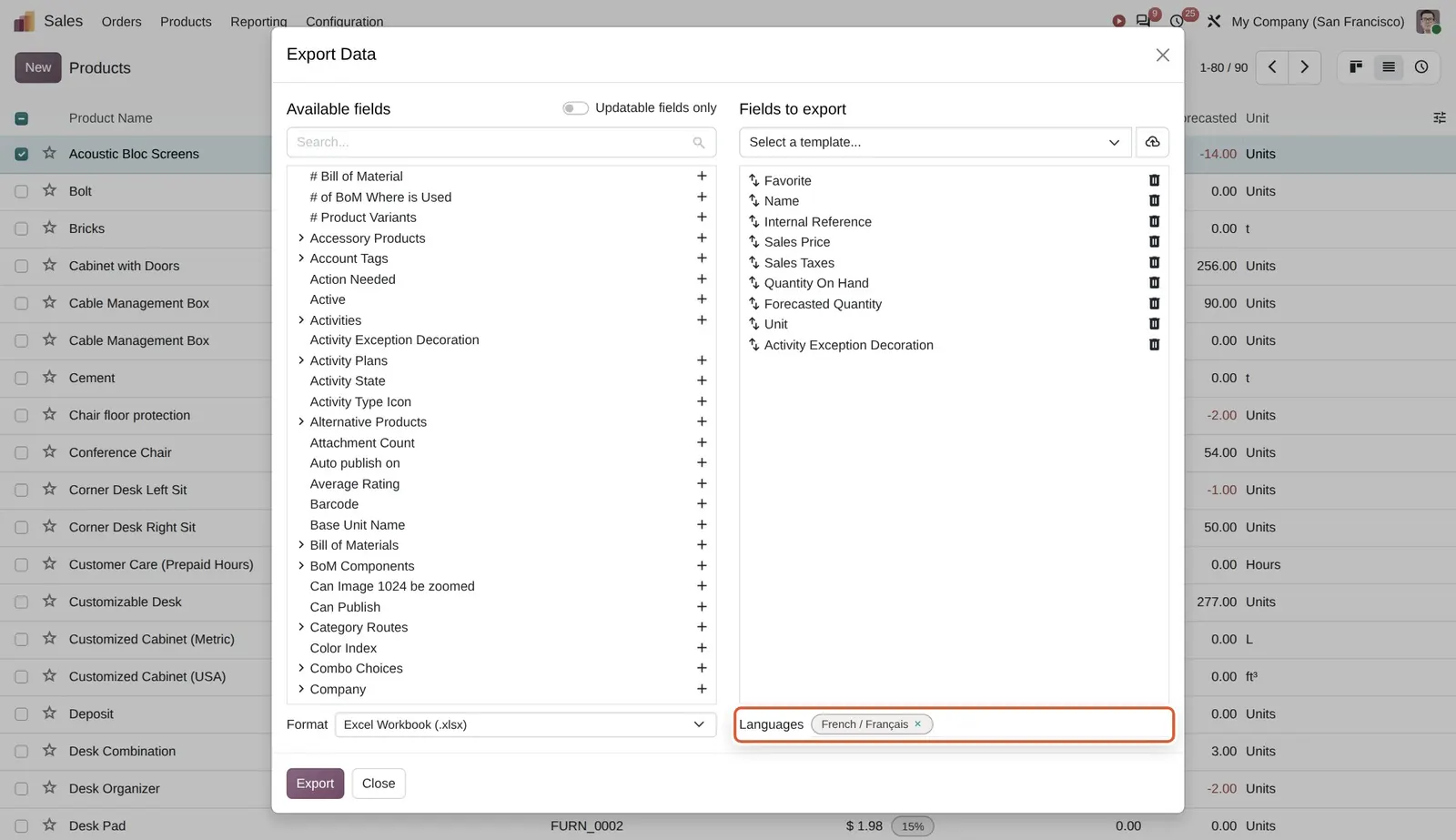 Odoo 20 Translation: The Languages option set to French.
