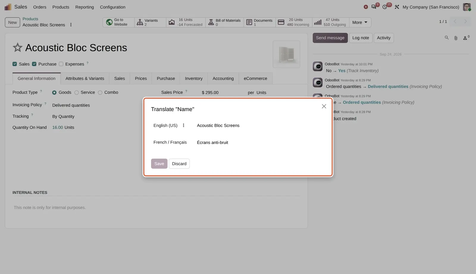 Odoo 20 Translation wizard: The translation dialog for Name with English and French.