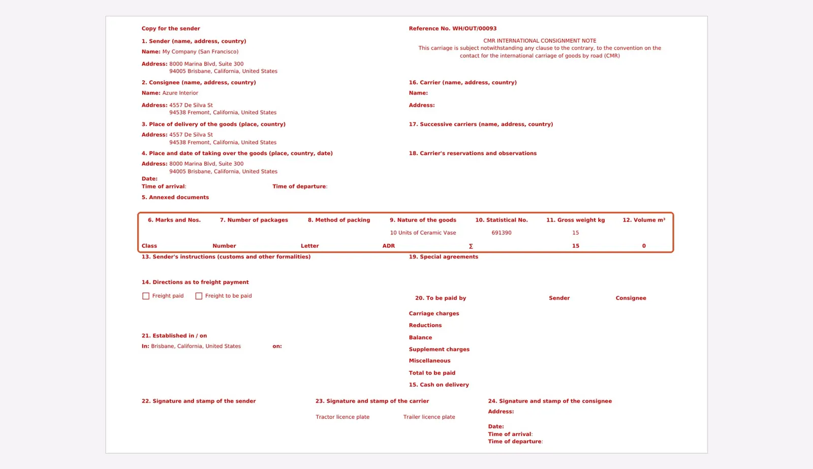 Odoo 20 CMR document: The CMR for WH/OUT/00093: the goods rows are filled from the transfer (10 Units of Ceramic Vase, HS code 691390, gross weight 15 kg). Sender, consignee and places above are also taken from the transfer.