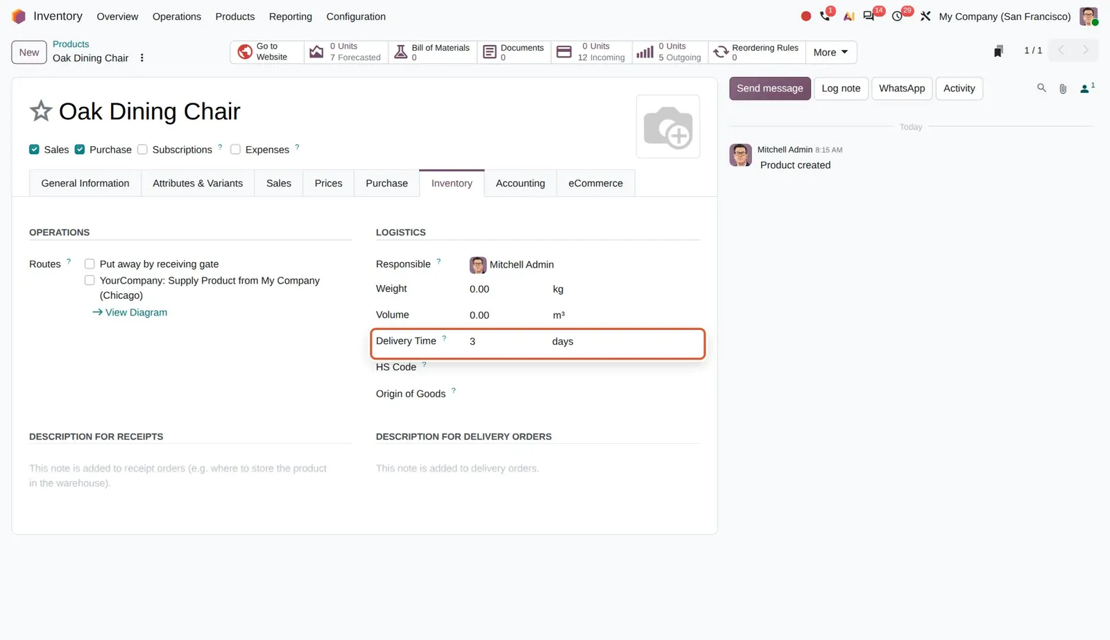 Odoo 20 Company-specific customer lead times: Delivery Time shows 3 days in My Company (San Francisco); the same product stores 7 days for My Company (Chicago).