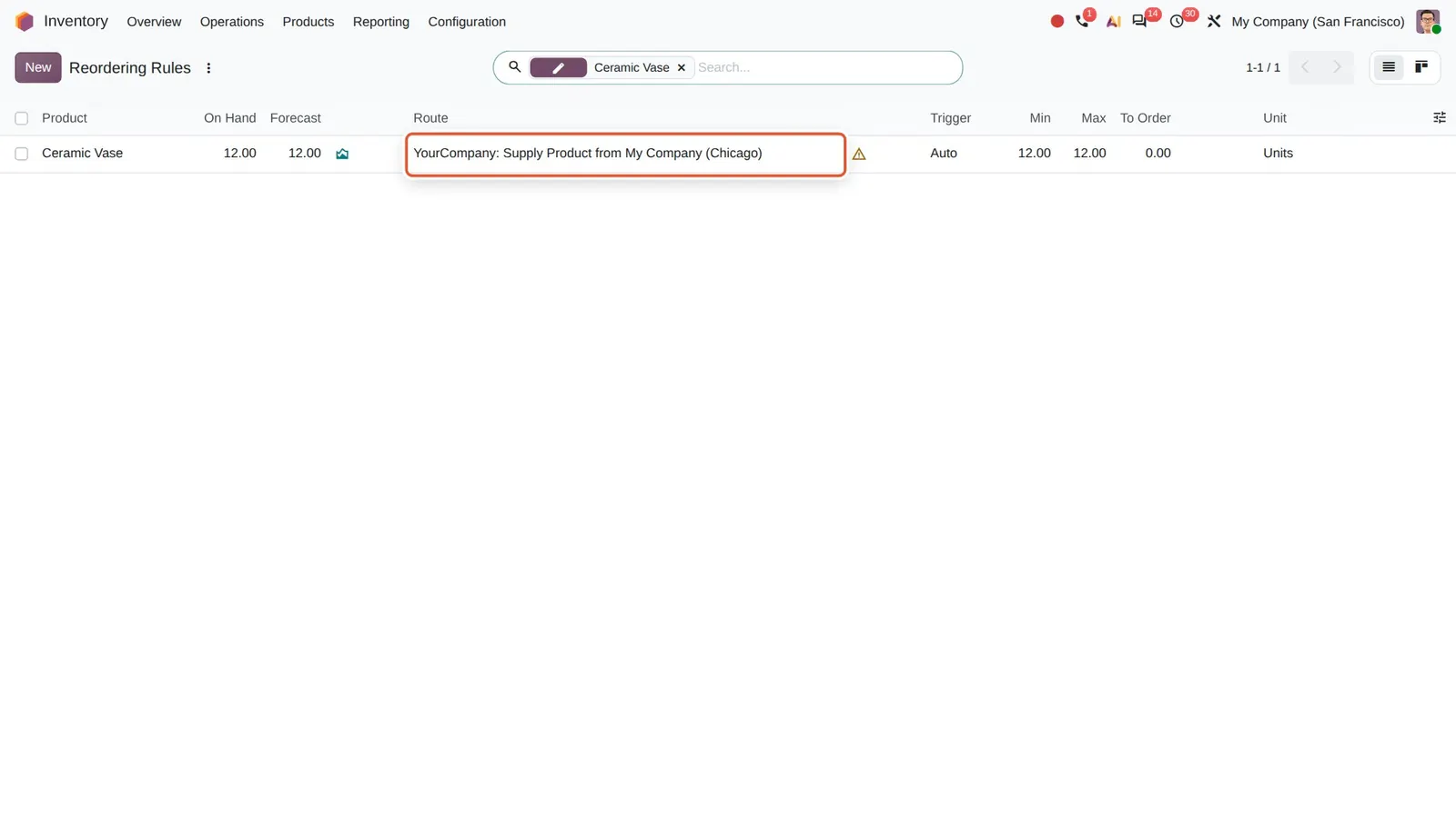Odoo 20 Intercompany flows: A San Francisco reordering rule uses the route "Supply Product from My Company (Chicago)" created by ticking the Chicago warehouse in Resupply From.