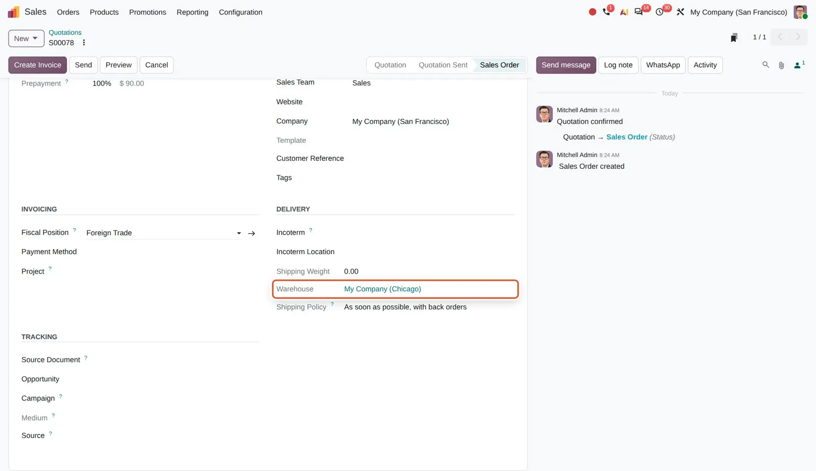 Odoo 20 Intercompany flows: A San Francisco sales order delivered from the My Company (Chicago) warehouse.