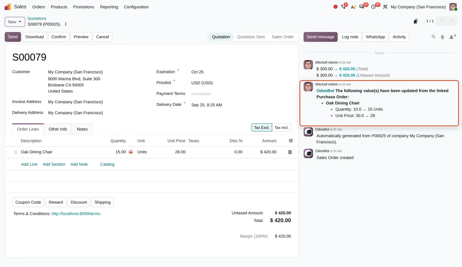 Odoo 20 Intercompany flows: After the linked purchase order changed, the Chicago sales order was updated and its chatter lists the new quantity and unit price.