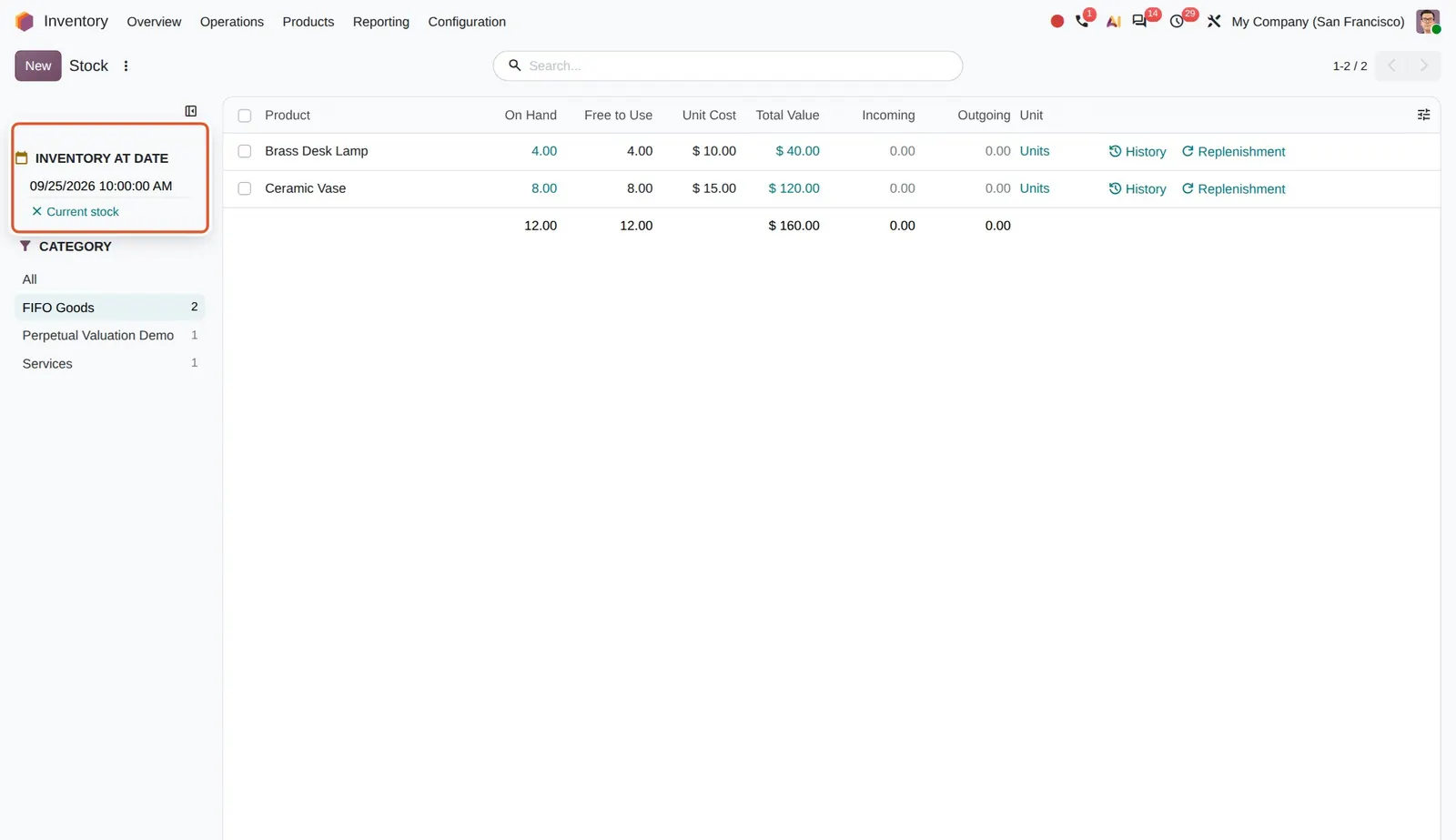 Odoo 20 Inventory at a past date: The Inventory at Date picker with a precise timestamp, while the FIFO Goods category filter stays applied.