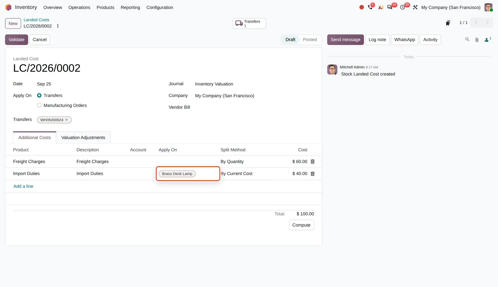 Odoo 20 Landed costs for specific products: Import Duties applies only to Brass Desk Lamp; Freight Charges (empty Apply On) is spread over all products.