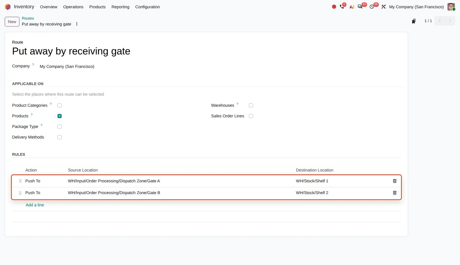 Odoo 20 Location-specific push routes: Two push rules in one route: goods received in Gate A go to Shelf 1, goods received in Gate B go to Shelf 2.