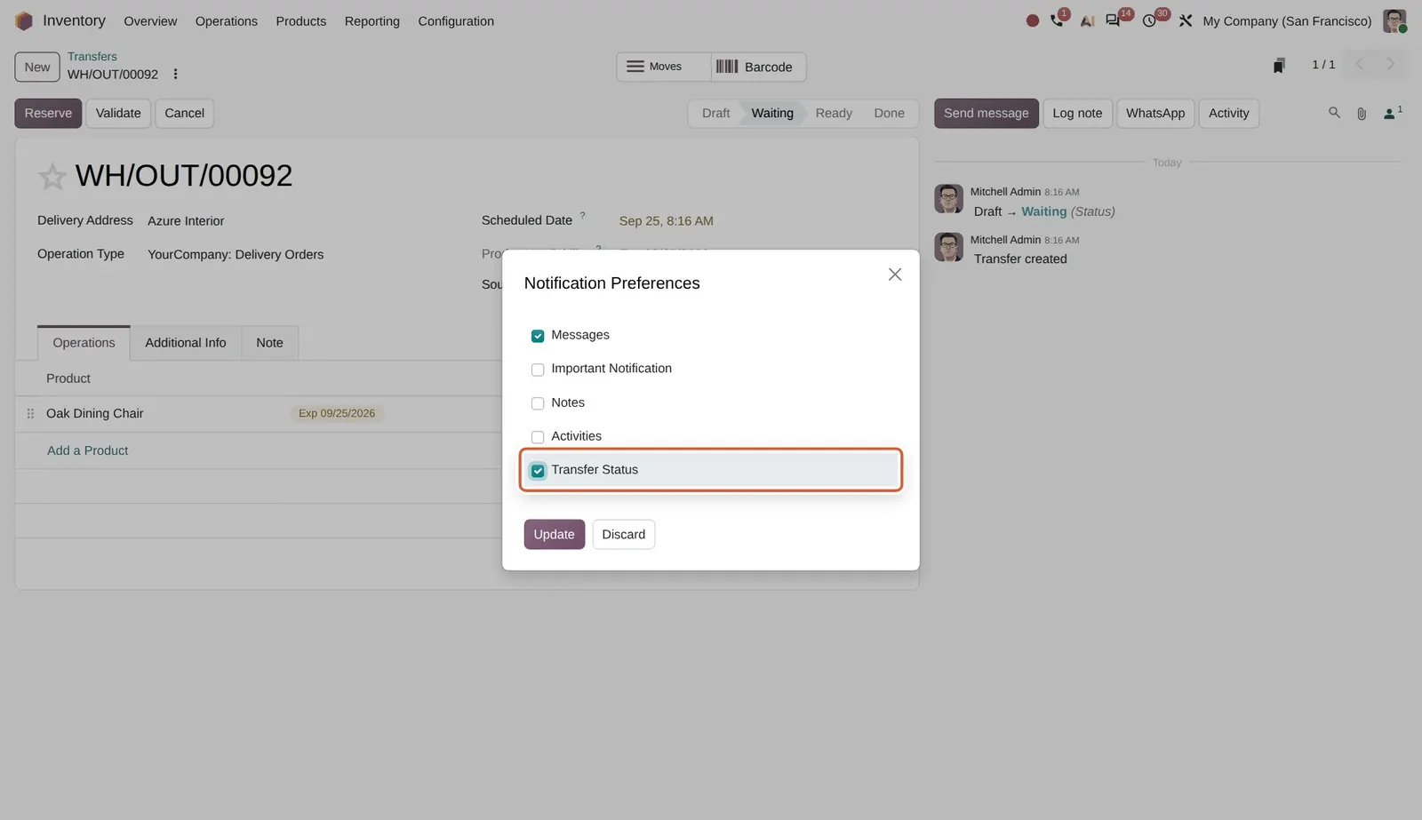 Odoo 20 Picking notifications: The new Transfer Status subtype in a delivery's notification preferences.