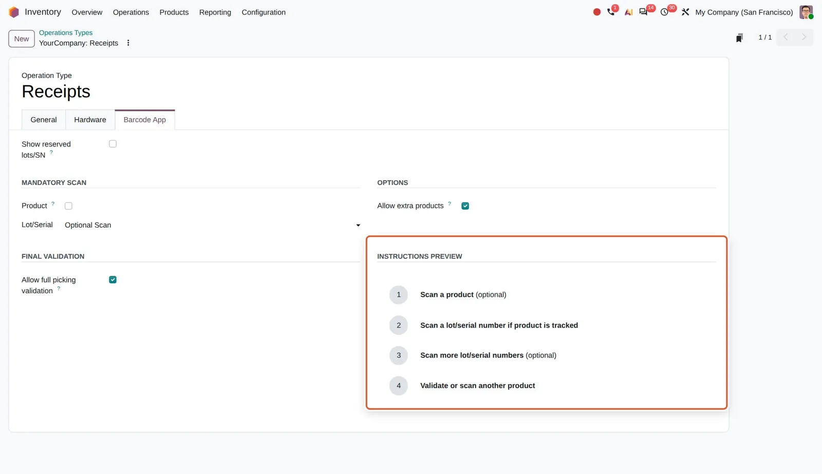 Odoo 20 Preview Barcode instructions in operation type: The Instructions Preview lists the scan steps shown to the operator for Receipts.