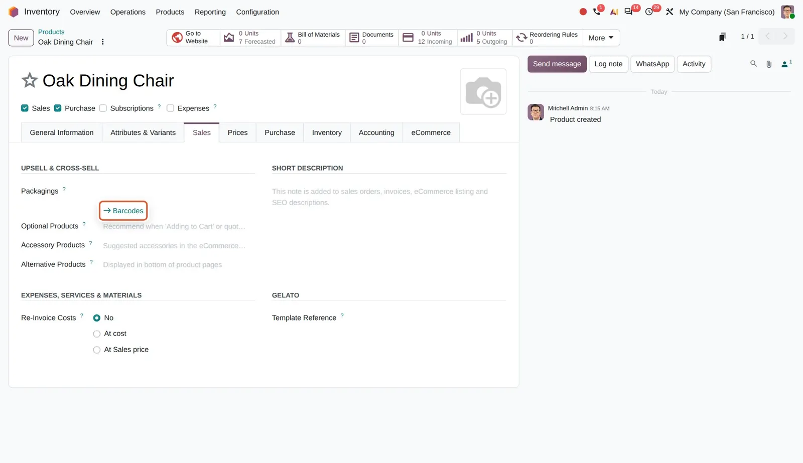 Odoo 20 Product packaging barcodes: The Barcodes link under Packagings opens the product's packaging barcodes.