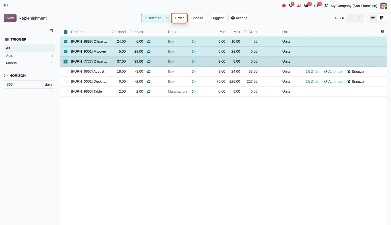 Odoo 20 Product replenishment: Three products are selected, two of them with nothing to reorder yet. The single Order button replaces the old Order / Order To Max dropdown.