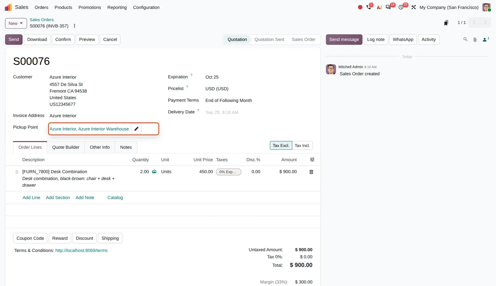 Odoo 20 Sendcloud: pickup points: With a Sendcloud pickup point service, the quotation shows a Pickup Point field; the pencil button opens the pickup point selector.