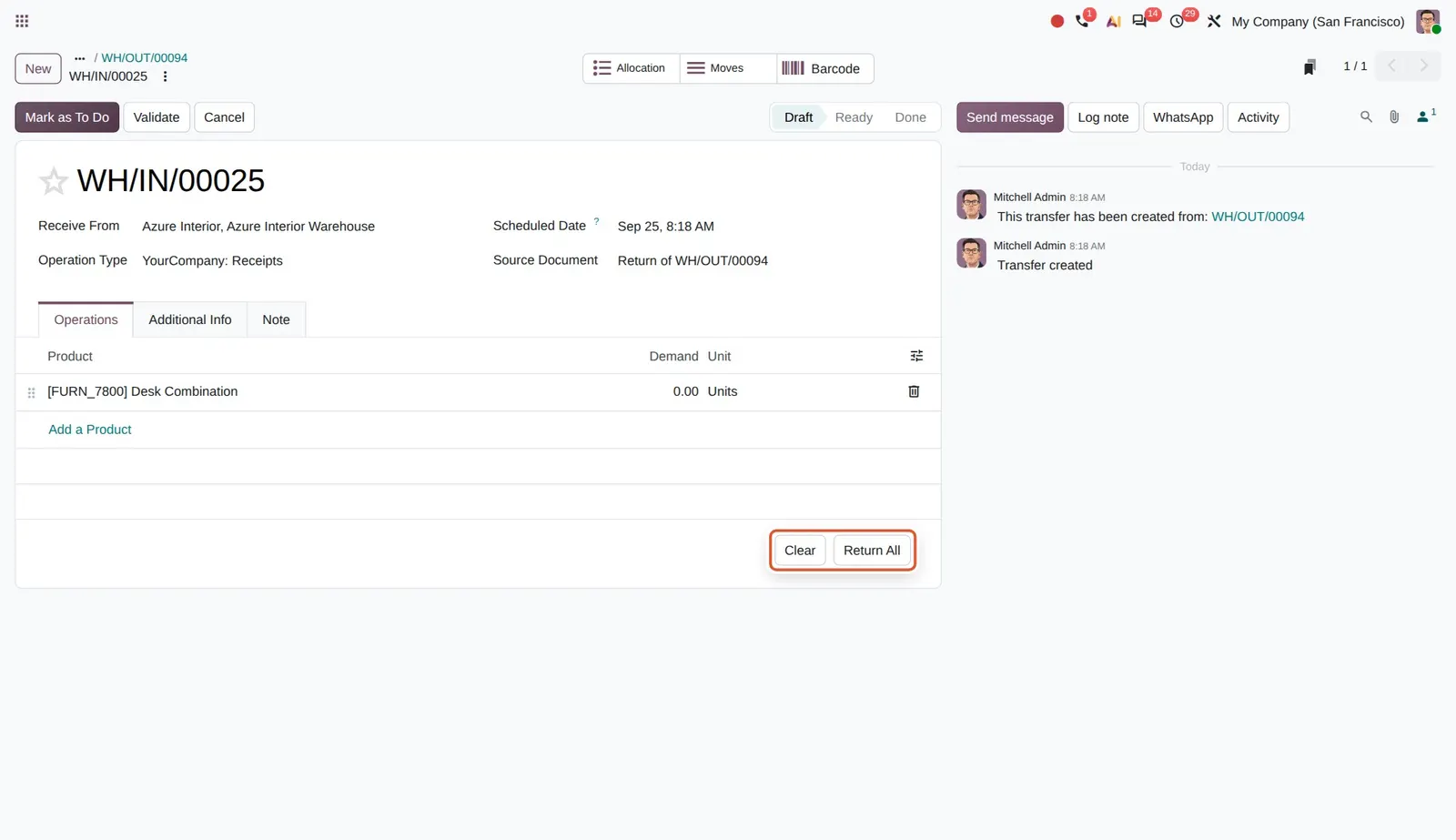 Odoo 20 Simplified returns: Return created the draft transfer WH/IN/00025 right away. The Clear and Return All buttons set the quantities to return.