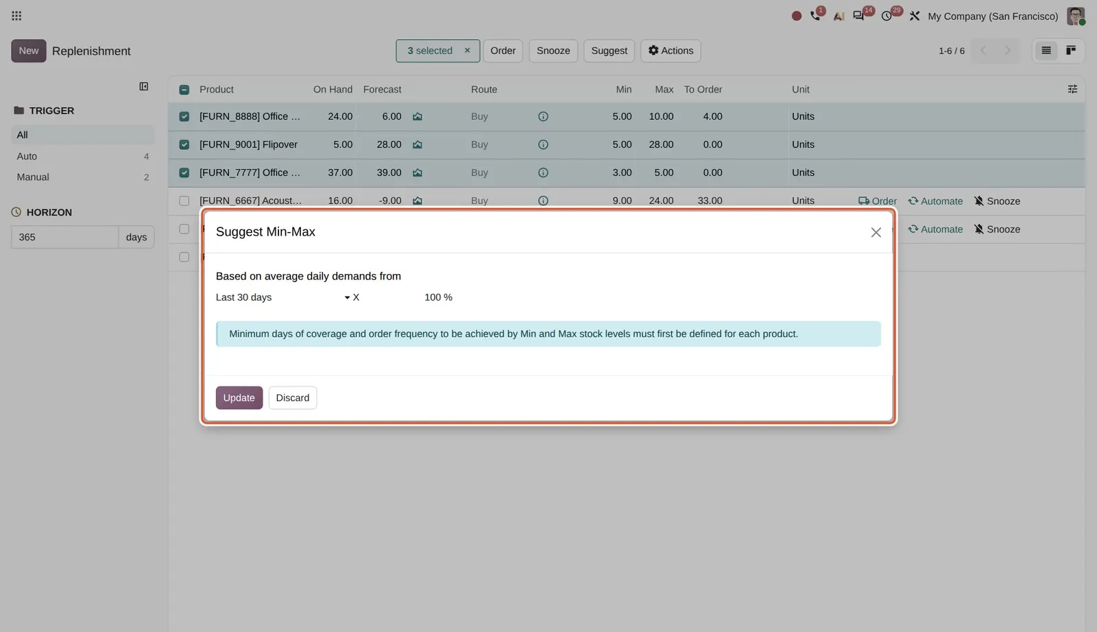 Odoo 20 Suggested stock levels for reordering rules: The Suggest Min-Max dialog: demand period and percentage factor used to recompute Min and Max for the selected rules.