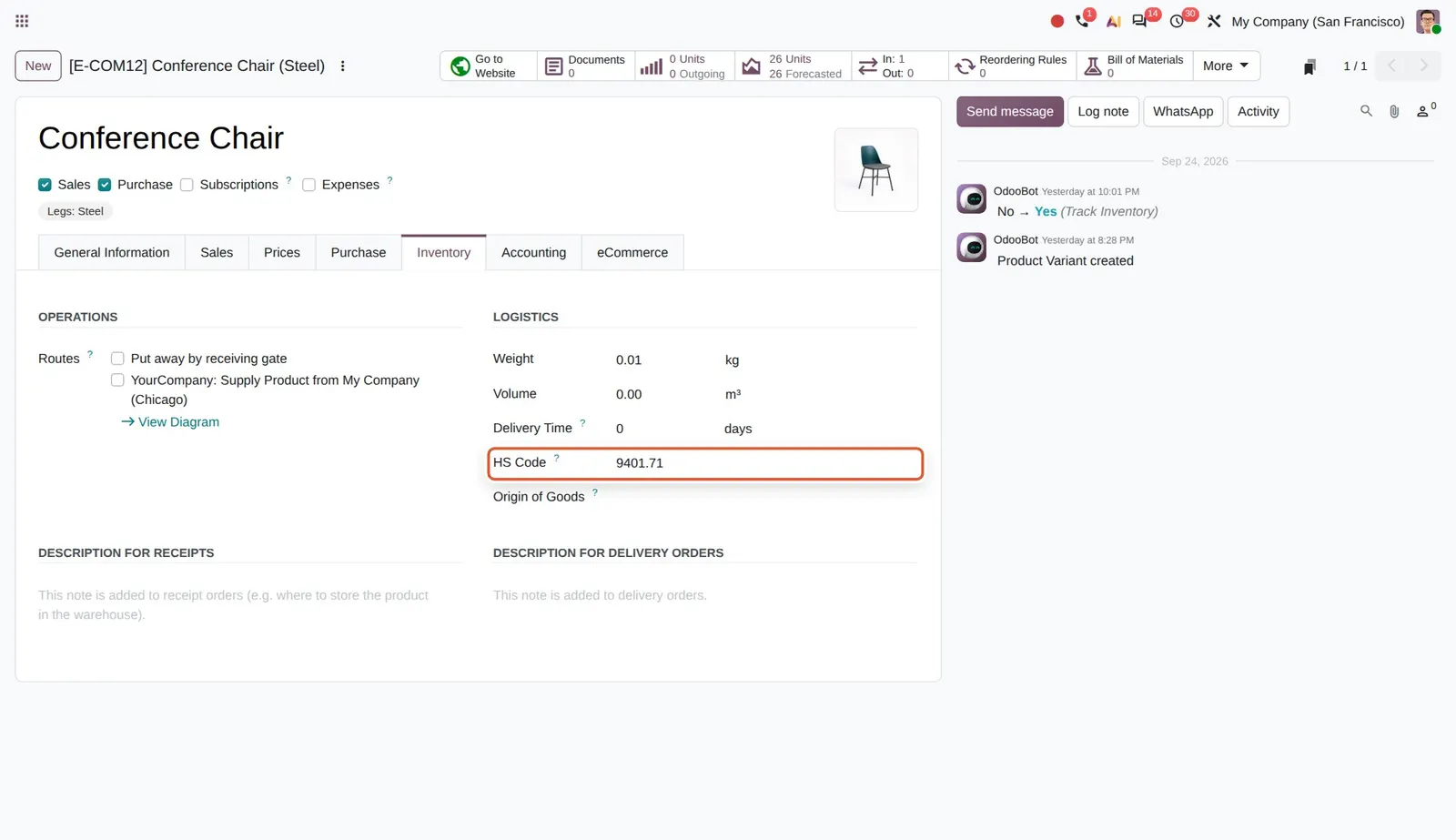 Odoo 20 Variant-specific HS codes: The HS Code on the Steel variant (9401.71); the Aluminium variant has its own code.